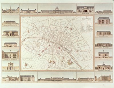 Piano di Parigi che indica ospedali civili e case, 1818, pubblicato nel 1820 da Etienne Jules Thierry